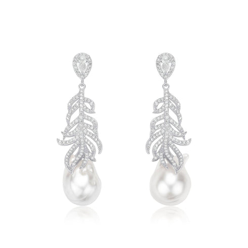 12-14mm Champagne Golden South Sea Baroque Pearl & Feather Earrings - House Of Pearls